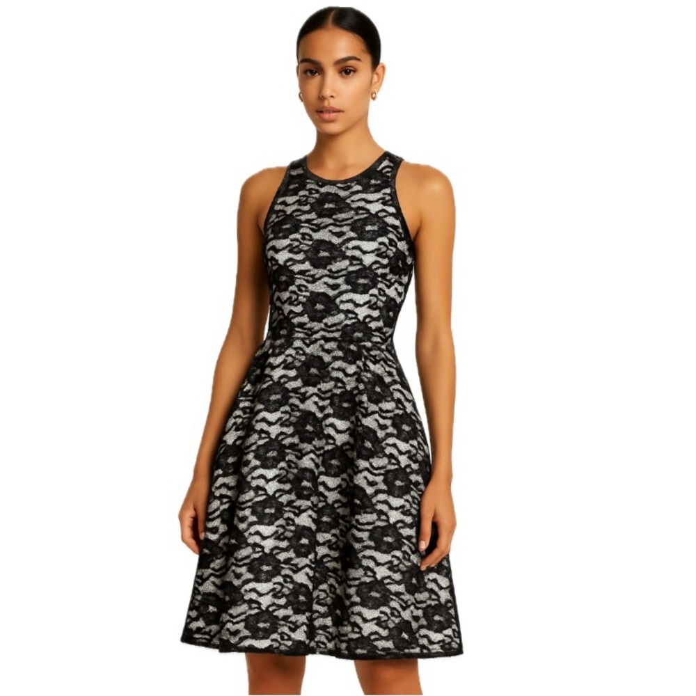 Muehleder, NWT Black Lace Fit & Flare Dress White Structured Underlay, Size L